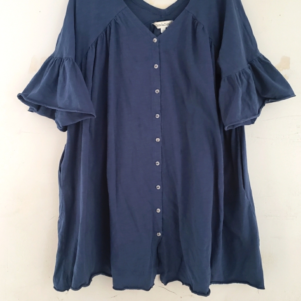 Navy Blue Button Down Ruffle Sleeve Maternity Dress